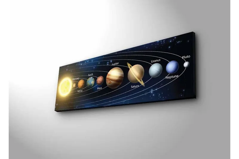 Lerretsbilde med LED-belysning - Planetene i solsystemet i et harmonisk arrangement - Mørk blå / Gul / Brun - Interiør - Maleri & posters - Lerretsbilder