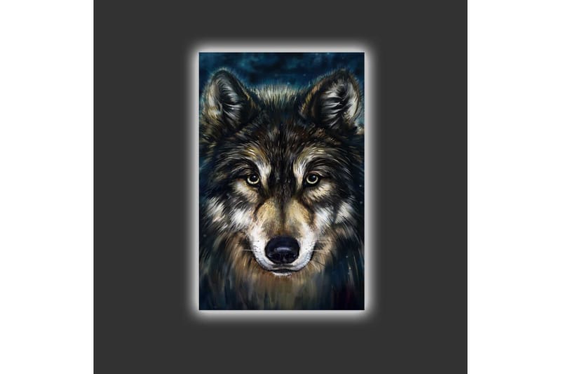 Lerretsbilde med LED-belysning - Portrett av en ulv med intense øyne - Mørk brun / Beige / Svart - Interiør - Maleri & posters - Lerretsbilder