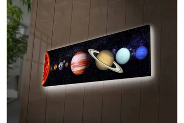Lerretsbilde med LED-belysning - Planetene i solsystemet i en stjerneklar bakgrunn - Mørk blå / Oransje / Beige - Interiør - Maleri & posters - Lerretsbilder
