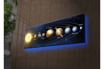 Lerretsbilde med LED-belysning - Planetene i solsystemet i et harmonisk arrangement - Mørk blå / Gul / Brun - Interiør - Maleri & posters - Lerretsbilder