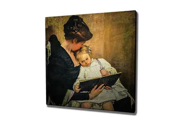 Lerretsbilde - Mor som leser for barnet sitt - Mørk blå / Beige / Hvit - Interiør - Maleri & posters - Lerretsbilder