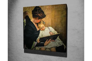 Lerretsbilde - Mor som leser for barnet sitt - Mørk blå / Beige / Hvit - Interiør - Maleri & posters - Lerretsbilder