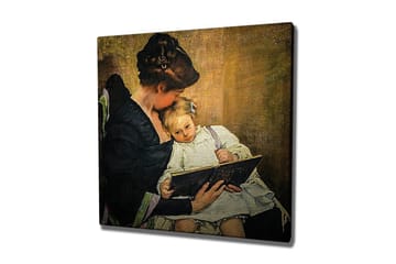 Lerretsbilde - Mor som leser for barnet sitt - Mørk blå / Beige / Hvit - Interiør - Maleri & posters - Lerretsbilder