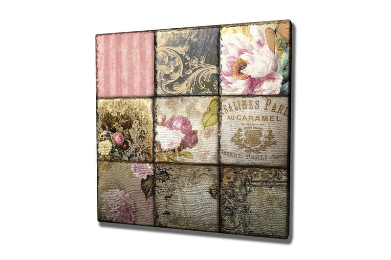 Lerretsbilde - Mosaikk av vintage-inspirerte mønstre og blomster, Rosa / Gull / Beige