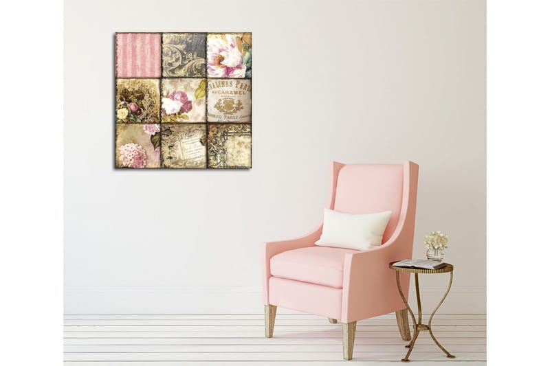Lerretsbilde - Mosaikk av vintage-inspirerte mønstre og blomster - Rosa / Gull / Beige - Interiør - Maleri & posters - Lerretsbilder
