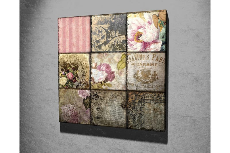 Lerretsbilde - Mosaikk av vintage-inspirerte mønstre og blomster - Rosa / Gull / Beige - Interiør - Maleri & posters - Lerretsbilder