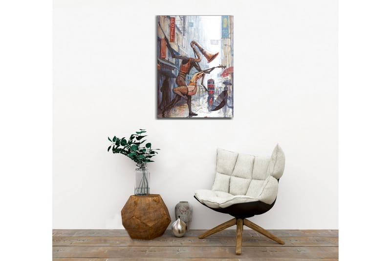 Lerretsbilde - Musikalske figurer som danser i regnet på en bygate - Rød / Brun / Grå - Interiør - Maleri & posters - Lerretsbilder