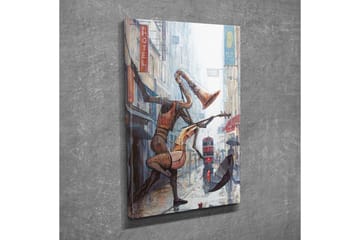 Lerretsbilde - Musikalske figurer som danser i regnet på en bygate - Rød / Brun / Grå - Interiør - Maleri & posters - Lerretsbilder