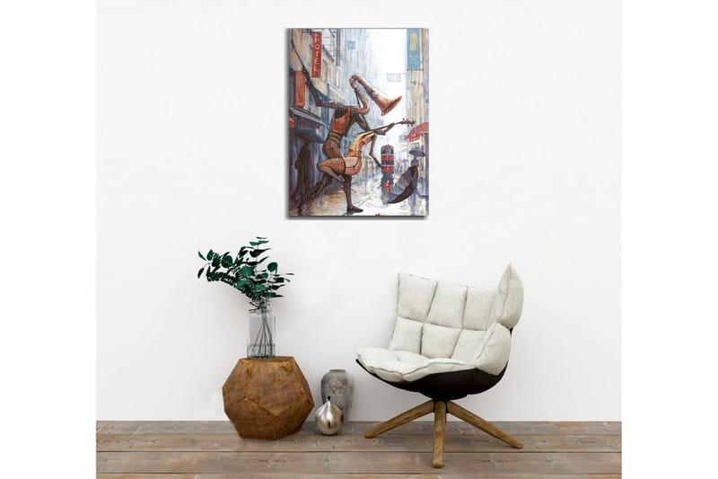 Lerretsbilde - Musikalske figurer som danser i regnet på en bygate - Rød / Brun / Grå - Interiør - Maleri & posters - Lerretsbilder