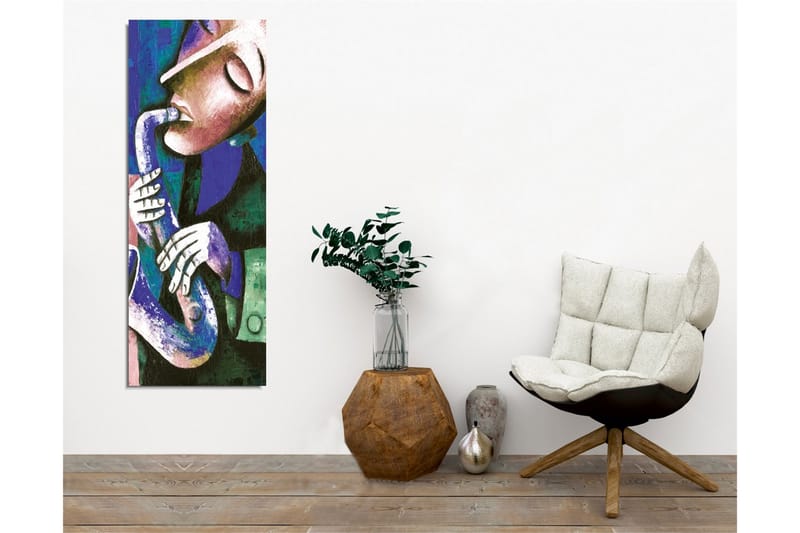 Lerretsbilde - Musiker som spiller saksofon med uttrykksfulle trekk - Mørk blå / Grønn / Hvit - Interiør - Maleri & posters - Lerretsbilder