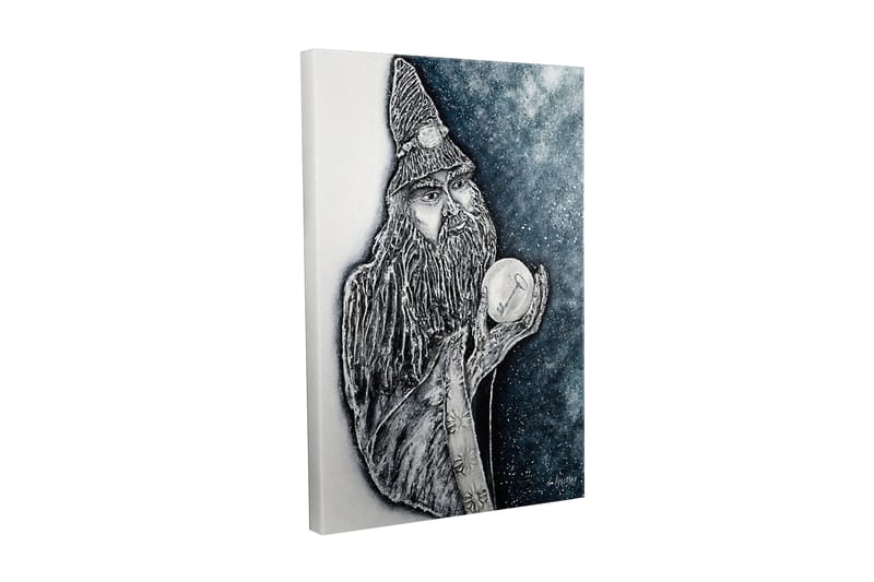 Lerretsbilde - Mystisk figur med langt skjegg og krystallkule, Mørk blå / Svart / Hvit