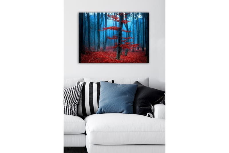 Lerretsbilde - Mystisk skog med røde trær i tåke - Rød / Blå / Grå - Interiør - Maleri & posters - Lerretsbilder