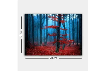 Lerretsbilde - Mystisk skog med røde trær i tåke - Rød / Blå / Grå - Interiør - Maleri & posters - Lerretsbilder