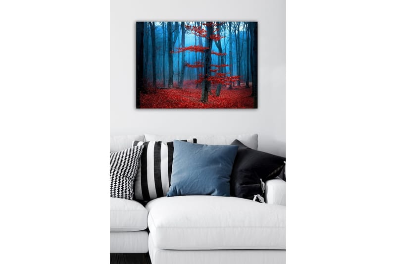 Lerretsbilde - Mystisk skog med røde trær i tåke - Rød / Blå / Grå - Interiør - Maleri & posters - Lerretsbilder