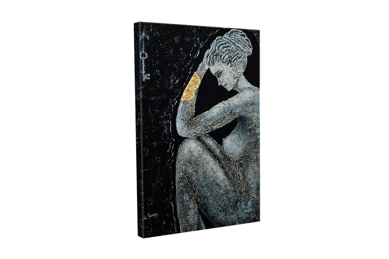 Lerretsbilde - Naken kvinne i en tankefull positur med en gyllen detalj på armen, Svart / Grå / Gull