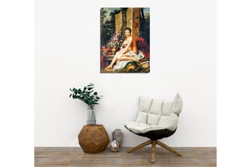 Lerretsbilde - Naken kvinne sittende med en blomsterbukett og en potte - Hudtone / Grønn / Rød - Interiør - Maleri & posters - Lerretsbilder