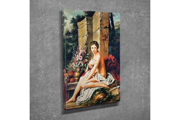 Lerretsbilde - Naken kvinne sittende med en blomsterbukett og en potte - Hudtone / Grønn / Rød - Interiør - Maleri & posters - Lerretsbilder