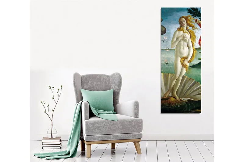 Lerretsbilde - Naken kvinne som står på et skjell ved sjøen - Lys blå / Hudfarget / Grønn - Interiør - Maleri & posters - Lerretsbilder