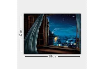 Lerretsbilde - Nattutsikt gjennom et åpent vindu med stjerner og bylys - Mørk blå / Lys blå / Grå - Interiør - Maleri & posters - Lerretsbilder