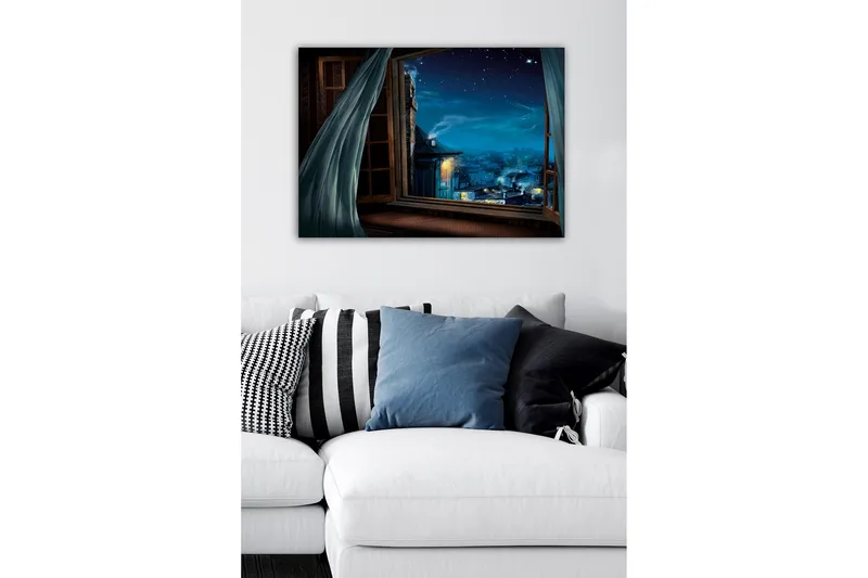 Lerretsbilde - Nattutsikt gjennom et åpent vindu med stjerner og bylys - Mørk blå / Lys blå / Grå - Interiør - Maleri & posters - Lerretsbilder