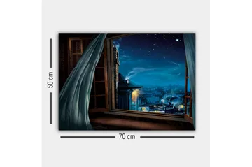 Lerretsbilde - Nattutsikt gjennom et åpent vindu med stjerner og bylys - Mørk blå / Lys blå / Grå - Interiør - Maleri & posters - Lerretsbilder