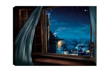 Lerretsbilde - Nattutsikt gjennom et åpent vindu med stjerner og bylys - Mørk blå / Lys blå / Grå - Interiør - Maleri & posters - Lerretsbilder