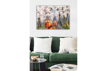 Lerretsbilde - Røde trikker under blomstrende kirsebærtrær - Rød / Rosa / Grønn - Interiør - Maleri & posters - Lerretsbilder