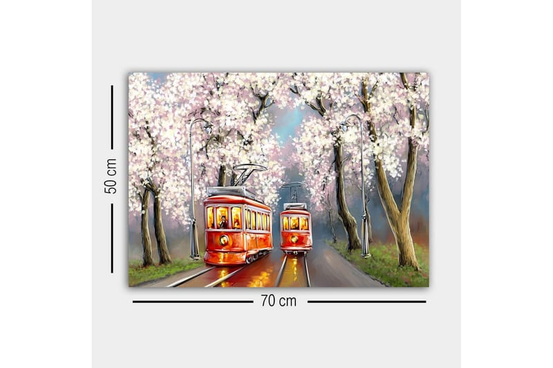 Lerretsbilde - Røde trikker under blomstrende kirsebærtrær - Rød / Rosa / Grønn - Interiør - Maleri & posters - Lerretsbilder