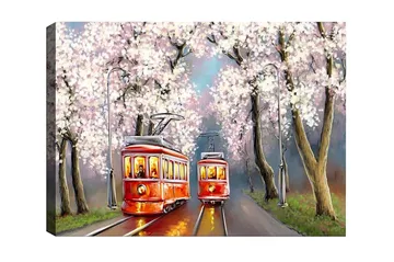 Lerretsbilde - Røde trikker under blomstrende kirsebærtrær - Rød / Rosa / Grønn - Interiør - Maleri & posters - Lerretsbilder
