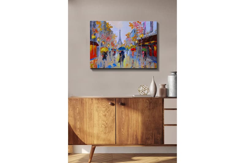 Lerretsbilde - Regnfull gatescene med folk under paraplyer i et urbant miljø - Gul / Rød / Blå - Interiør - Maleri & posters - Lerretsbilder