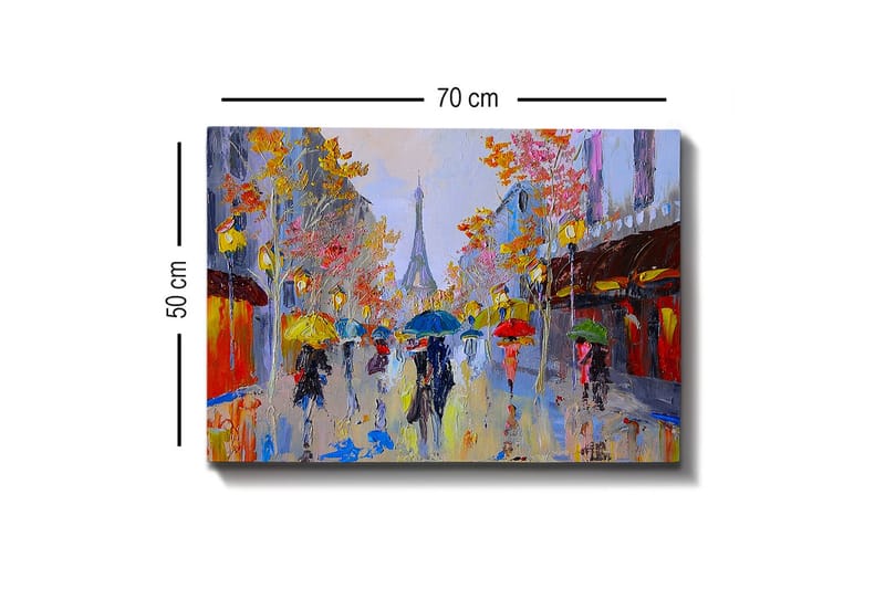Lerretsbilde - Regnfull gatescene med folk under paraplyer i et urbant miljø - Gul / Rød / Blå - Interiør - Maleri & posters - Lerretsbilder