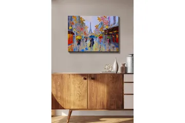 Lerretsbilde - Regnfull gatescene med folk under paraplyer i et urbant miljø - Gul / Rød / Blå - Interiør - Maleri & posters - Lerretsbilder