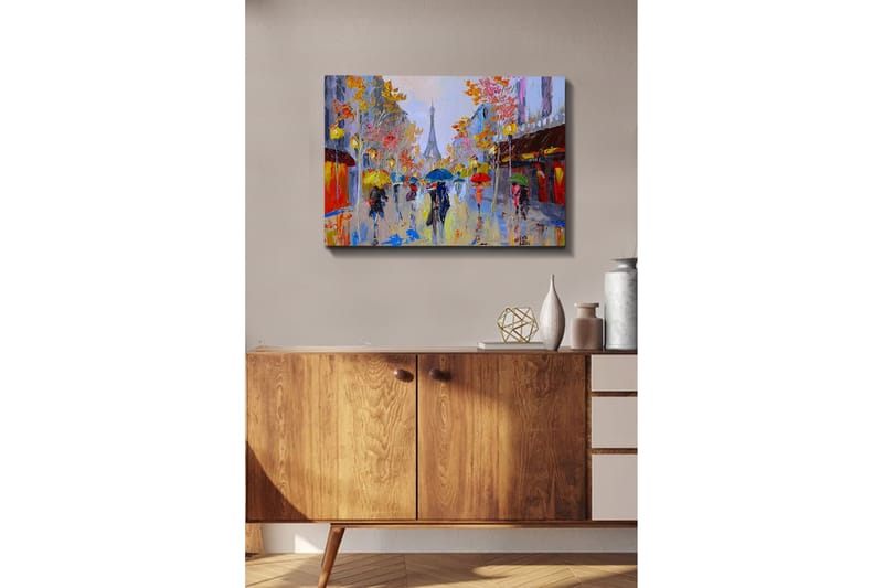 Lerretsbilde - Regnfull gatescene med folk under paraplyer i et urbant miljø - Gul / Rød / Blå - Interiør - Maleri & posters - Lerretsbilder