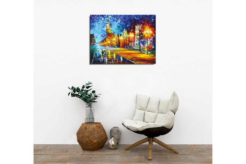 Lerretsbilde - Regnfullt bybilde med en person som bærer en paraply - Blå / Oransje / Gul - Interiør - Maleri & posters - Lerretsbilder