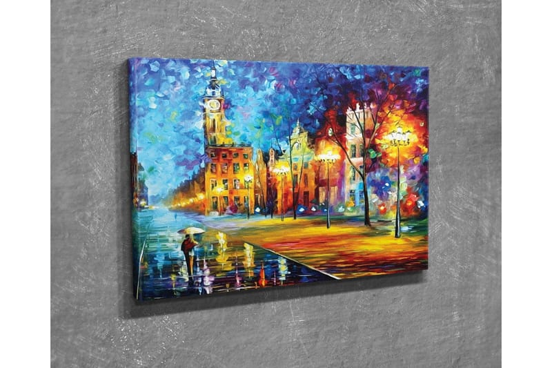 Lerretsbilde - Regnfullt bybilde med en person som bærer en paraply - Blå / Oransje / Gul - Interiør - Maleri & posters - Lerretsbilder