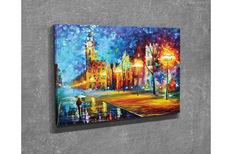 Lerretsbilde - Regnfullt bybilde med en person som bærer en paraply - Blå / Oransje / Gul - Interiør - Maleri & posters - Lerretsbilder