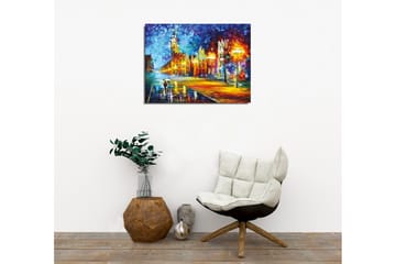 Lerretsbilde - Regnfullt bybilde med en person som bærer en paraply - Blå / Oransje / Gul - Interiør - Maleri & posters - Lerretsbilder