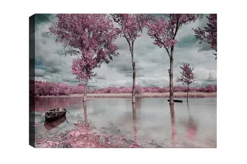 Lerretsbilde - Rosa trær ved en speilblank innsjø med en båt i forgrunnen - Rosa / Grå / Blå - Interiør - Maleri & posters - Lerretsbilder
