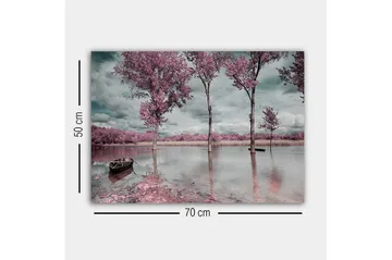 Lerretsbilde - Rosa trær ved en speilblank innsjø med en båt i forgrunnen - Rosa / Grå / Blå - Interiør - Maleri & posters - Lerretsbilder