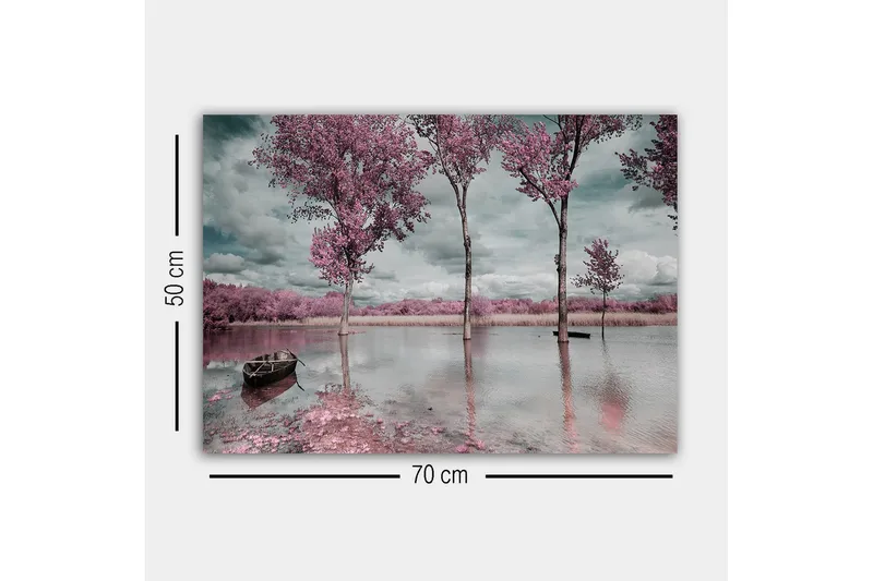 Lerretsbilde - Rosa trær ved en speilblank innsjø med en båt i forgrunnen - Rosa / Grå / Blå - Interiør - Maleri & posters - Lerretsbilder