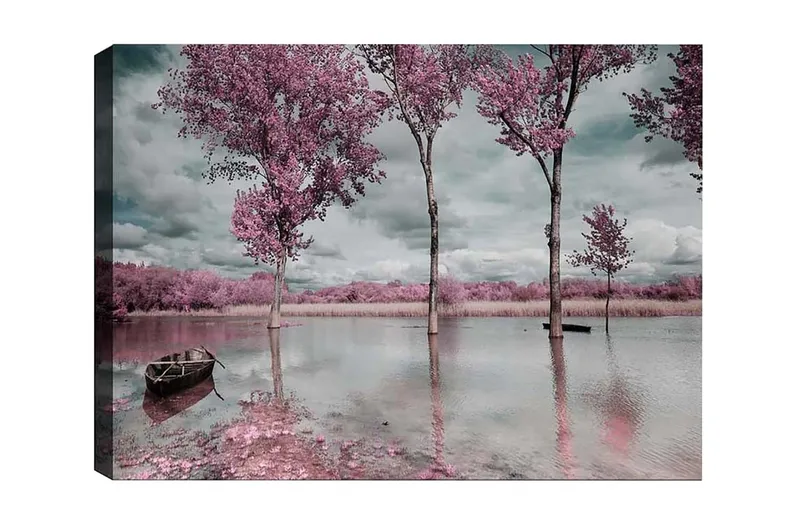 Lerretsbilde - Rosa trær ved en speilblank innsjø med en båt i forgrunnen, Rosa / Grå / Blå