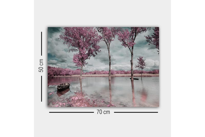 Lerretsbilde - Rosa trær ved en speilblank innsjø med en båt i forgrunnen - Rosa / Grå / Blå - Interiør - Maleri & posters - Lerretsbilder