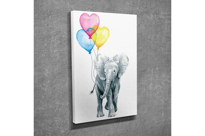 Lerretsbilde - Søt elefant som holder fargerike hjerteformede ballonger - Grå / Rosa / Blå - Interiør - Maleri & posters - Lerretsbilder