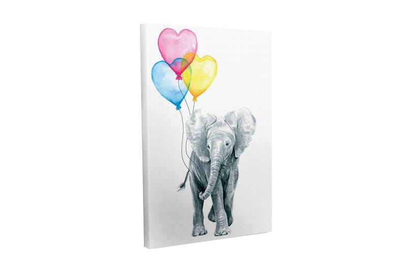 Lerretsbilde - Søt elefant som holder fargerike hjerteformede ballonger, Grå / Rosa / Blå