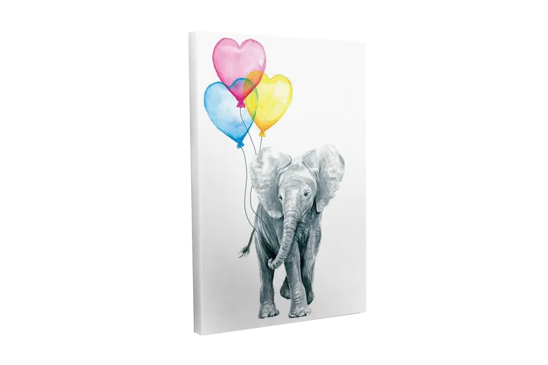Lerretsbilde - Søt elefant som holder fargerike hjerteformede ballonger, Grå / Rosa / Blå