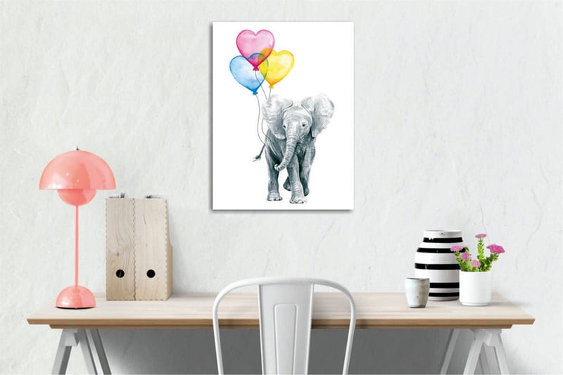 Lerretsbilde - Søt elefant som holder fargerike hjerteformede ballonger - Grå / Rosa / Blå - Interiør - Maleri & posters - Lerretsbilder