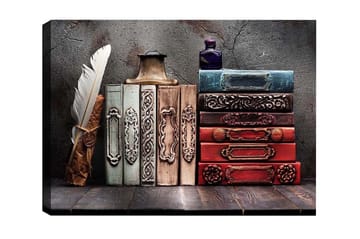 Lerretsbilde - Samling av antikke bøker med dekorative rygger og fjærpenn - Mørk rød / Grønn / Blå - Interiør - Maleri & posters - Lerretsbilder