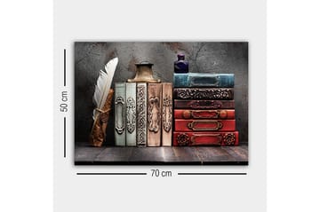 Lerretsbilde - Samling av antikke bøker med dekorative rygger og fjærpenn - Mørk rød / Grønn / Blå - Interiør - Maleri & posters - Lerretsbilder