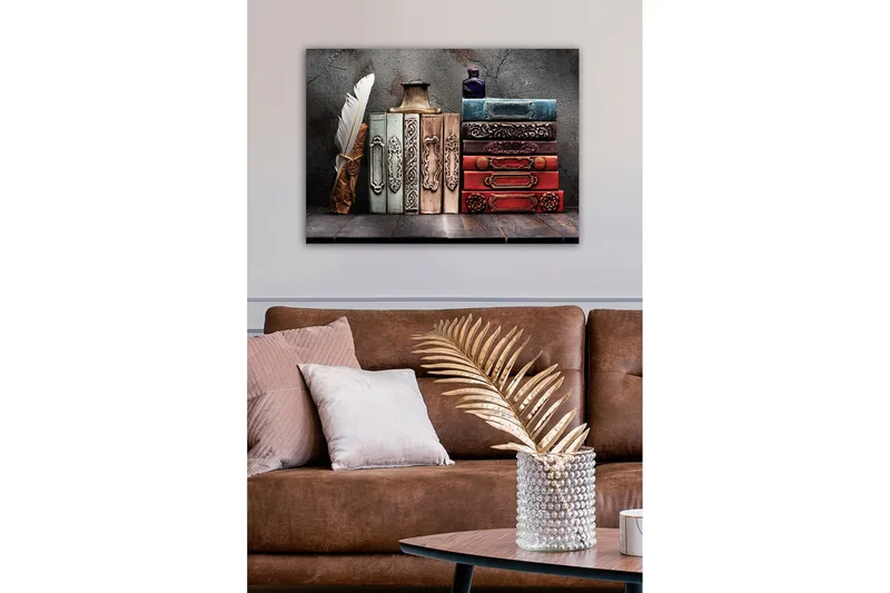 Lerretsbilde - Samling av antikke bøker med dekorative rygger og fjærpenn - Mørk rød / Grønn / Blå - Interiør - Maleri & posters - Lerretsbilder