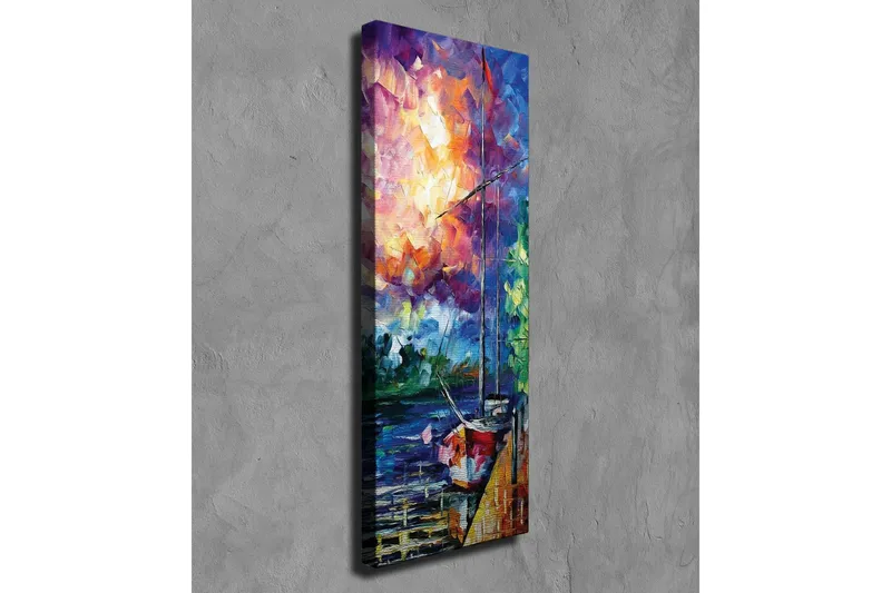 Lerretsbilde - Seilbåt ved en fargerik solnedgang - Lilla / Oransje / Blå - Interiør - Maleri & posters - Lerretsbilder